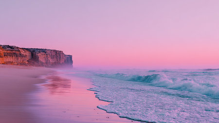 An expansive coastal vista showcases a rugged cliff and incoming ocean waves under a colorful sky. The photograph displays a serene environment defined by soft gradients of pink and blue hues. The composition may be suitable for diverse editorial and promotional applications.の素材