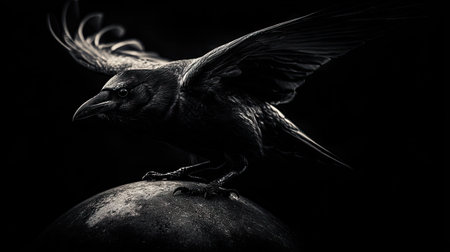 A dark, digitally rendered image features a raven in mid-flight, wings spread, against a stark, black background. The raven is primarily black with detailed feather textures. This image uses high contrast lighting to emphasize the bird's form and posture. Suitable for illustrations, design elements, and editorial projects.の素材