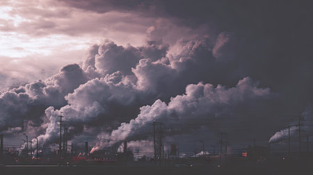 An industrial scene presents numerous structures emitting thick plumes of smoke. The sky displays a dramatic arrangement of clouds in muted tones. The composition is likely intended to evoke a sense of environmental concern. This image could be utilized for various commercial projects related to industry or environmental themes.の素材