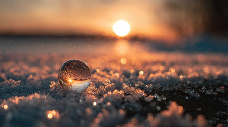 A crystal ball rests on a textured snowy surface, reflecting a brilliant sunset. The composition features a shallow depth of field, highlighting the sphere. Warm colors dominate the scene, with a blurred background suggesting an outdoor environment. Suitable for artistic, conceptual, or illustrative purposes.の素材