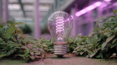 A radiant light bulb is positioned amidst lush green plants, bathed in soft purple light. Its transparent glass reveals an illuminated spiral filament. The scene suggests a modern, innovative environment with potential applications for technology and conceptual projects. The image may suit various commercial and editorial uses.の素材