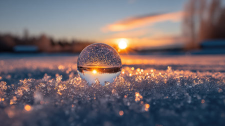 A crystal ball sits atop textured snow, reflecting the warm hues of a setting sun. The composition emphasizes natural light and creates a sense of depth and focus. This image displays soft colors, and could be utilized for various creative or commercial projects seeking a tranquil atmosphere.の素材
