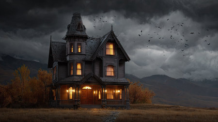 An imposing gothic house dominates the scene under a moody, overcast sky. The illustration features detailed architectural elements and warm light emanating from windows. Birds fly across the sky, and the style uses a painterly technique. Ideal for illustrations, concept art, book covers, and various creative projects.の素材