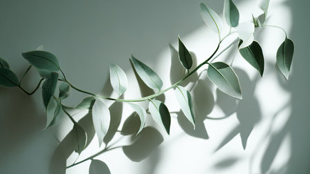 A close-up view presents a delicate plant with long, slender leaves. The foliage exhibits a muted green hue, cast against a light-colored surface with soft shadows. The image showcases a natural, minimalist composition, suitable for various design projects and visual content applications.の素材