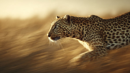 A leopard, captured mid-stride, is the focal point of this image. The animal's spotted coat contrasts with the blurred, warm-toned background of dry grass. The composition suggests an outdoor environment, bathed in soft, natural sunlight. This image could be used for various commercial or editorial purposes.の素材