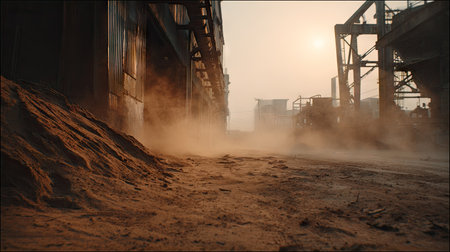 An industrial scene depicts a gritty landscape with dust or fog obscuring elements, hinting at heavy machinery and activity. The composition features structures and a hazy atmosphere suggesting a day's end or start. The overall style is industrial, with brown and sepia tones, which is suitable for various commercial uses.の素材