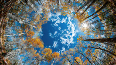 An upward perspective captures tree trunks and branches against a bright blue sky. Sunlight filters through the foliage, creating a circular composition. Warm colors of autumn leaves contrast with the cool blues. This image may be used for various commercial or editorial applications.の素材