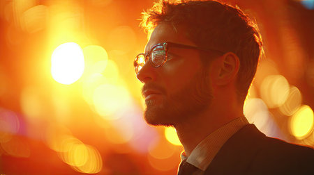 A man in eyeglasses is seen in profile against a bright, warm-toned background. The image features a shallow depth of field, with strong lighting effects and a blurred background suggestive of an outdoor setting. This photograph could be used for various commercial or editorial purposes.の素材