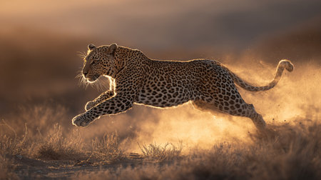 A leopard is captured mid-stride, showcasing its spotted coat and muscular form. The scene is bathed in warm, golden light, suggesting either sunrise or sunset. Fine dust or particles are visible, enhancing the atmosphere. This image could be suitable for wildlife publications, conservation campaigns, or stock photography.の素材