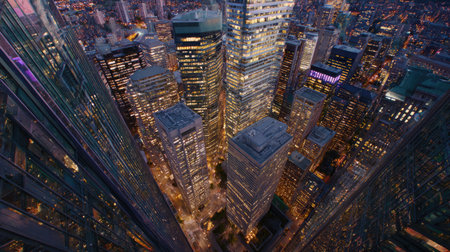 An overhead perspective showcases numerous tall skyscrapers clustered together. The image features a cool color palette with illuminated windows adding warmth. The composition emphasizes lines and angles, suggesting an urban environment. Suitable for commercial projects or editorial content related to architecture and business.の素材