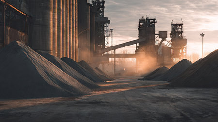 An industrial landscape presents large silos and complex machinery under an overcast sky. The composition utilizes a low-angle perspective, with foreground heaps of material and background structures. The color palette consists of muted oranges, grays, and browns, with soft lighting suggesting either dawn or dusk. Suitable for editorial and commercial applications related to industry and manufacturing.の素材