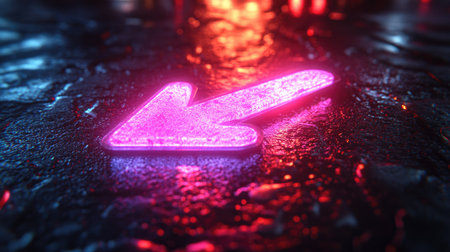 A close-up view presents a neon pink arrow, brightly illuminated, set against a dark, textured surface. The scene is enhanced by a vibrant palette of blues and reds, suggesting an artificial lighting environment. This image could be used in various commercial applications, particularly for design or informational purposes.の素材