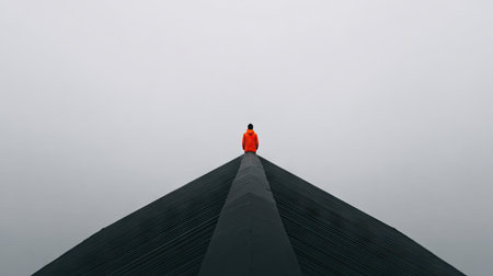 A person wearing a bright orange jacket is seen from the back, positioned at the apex of a dark, geometric structure. The image showcases a minimalist composition with muted gray tones in the background sky. This visually striking scene could be suitable for editorial or advertising purposes.の素材