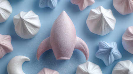 A pink rocket figurine is surrounded by various colored meringues, creating an abstract and visually appealing composition. The scene showcases a pastel color palette and soft textures, against a light blue backdrop. This conceptual image may be suitable for advertising, website design, or other creative projects.の素材