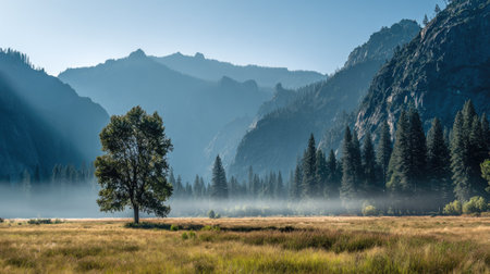 A tranquil landscape features a solitary tree in a field, contrasted by distant mountains. Soft sunlight filters through a misty atmosphere, creating a diffused glow. The scene displays muted tones and natural textures, potentially suitable for environmental or travel-related content, and could be utilized for various commercial projects.の素材