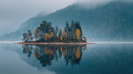 A tranquil scene features a small island with trees in the center of a calm lake. The image displays a cool color palette with muted greens and blues, creating a peaceful ambiance. Trees on the island showcase yellow and green foliage. This image could be used for various projects, including editorial features or marketing visuals.の素材
