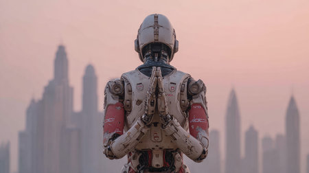 A robotic figure stands with hands together in a gesture suggesting prayer or meditation. The image displays a neutral palette with red accents. The background features a blurred cityscape under an overcast sky. This conceptual image may be suitable for editorial content, technology or futuristic projects.の素材