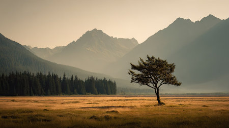 A lone tree stands in a golden meadow, framed by a range of majestic mountains. The natural scene presents a serene atmosphere. The style is classic with soft lighting, and the environment conveys vastness. Suitable for a variety of uses, including editorial and commercial projects.の素材