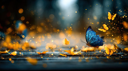 Butterflies with blue and yellow wings are featured, floating among golden bokeh lights. The image displays a shallow depth of field, with soft focus enhancing the dreamy atmosphere. Ideal for design projects, this photograph presents a serene outdoor scene with potential applications in various commercial fields.の素材