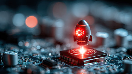 A miniature rocket with glowing red details sits atop a circuit board. The image displays cool blue and warm red tones, contrasting the technological components. The composition suggests a launch, likely illustrating concepts such as innovation or technology. This image can be used for various commercial or editorial applications.の素材