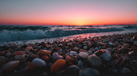 A vibrant sunset illuminates ocean waves washing onto a pebble-covered beach. The composition showcases a low-angle perspective, emphasizing the texture of the rocks and the dynamic interplay of light and water. The image conveys tranquility and could be used for various commercial or editorial applications.の素材