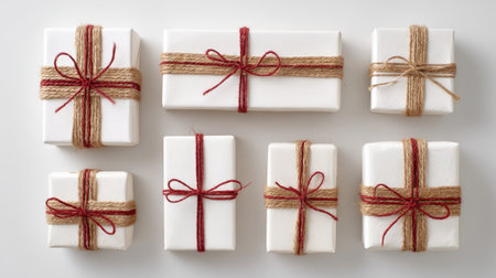 An assortment of wrapped gifts is presented, showcasing various rectangular packages. The gifts are wrapped in white paper, accented with twine and red or brown ribbons. Overhead lighting illuminates the scene, highlighting the textures of the paper and twine. This composition is suitable for editorial and commercial applications.の素材