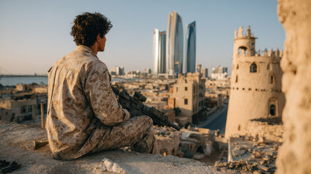A soldier sits atop a rise, gazing at an urban panorama featuring modern skyscrapers and ancient towers. The scene is bathed in warm sunlight, with a focus on textures and tones. The composition presents a sense of contemplation, suitable for use in visual storytelling or editorial content. The image might be used for discussions surrounding travel, warfare, and cultural understanding.の素材