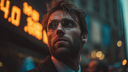 A man wearing glasses is the primary subject in this image, looking away from the camera. The scene uses a shallow depth of field, blurring the background which features soft, orange and green illumination. The image's color palette creates a sophisticated aesthetic appropriate for commercial or editorial applications.の素材