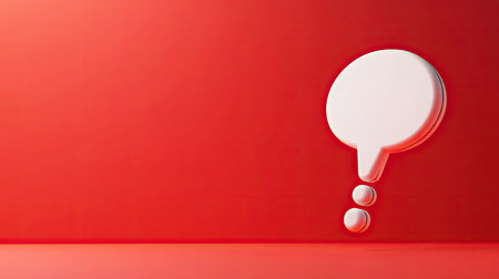 A 3D rendered speech bubble is positioned against a solid red background, creating a minimalist composition. The white bubble provides contrast against the vibrant red, highlighting the central communication concept. This image features smooth textures, soft lighting, and ample copy space. Ideal for design, marketing, and advertising projects.の素材