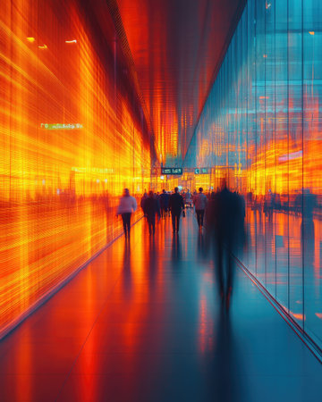 An abstract composition depicts a corridor with blurred figures moving through it. The scene features vibrant streaks of light in warm oranges and reds, contrasting with cooler blues. The style suggests a modern, architectural setting. Suitable for various commercial uses, including website backgrounds and editorial illustrations.の素材