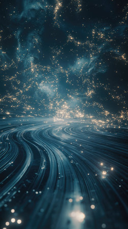 This digital artwork presents flowing lines against a dark backdrop, suggestive of cosmic energy. The composition features cool blues and hints of golden light, evoking a sense of depth and movement. It could be used for various projects, including editorial features or visual designs.の素材