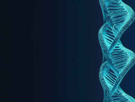 A digital illustration depicts a detailed DNA double helix in a striking turquoise hue. The design features a complex, spiraling structure on a deep blue backdrop. This abstract image emphasizes scientific concepts, suitable for editorial content or commercial applications related to genetics, biotechnology, or research.の素材