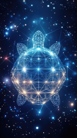 An illuminated digital turtle, rendered with geometric lines and glowing points, floats in a dark space filled with sparkling stars. The cool blue and white color palette creates a futuristic and ethereal aesthetic. This imagery could be utilized for various creative design projects and digital art applications.の素材
