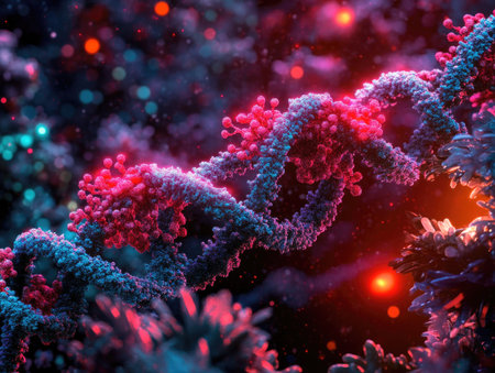 An abstract depiction showcases a DNA helix structure with a focus on vibrant color combinations. The image features a helix shape with dynamic and glowing elements throughout. The style appears futuristic and visually appealing, likely suitable for scientific and conceptual applications. The colorful design would be ideal for use in various visual media projects.の素材