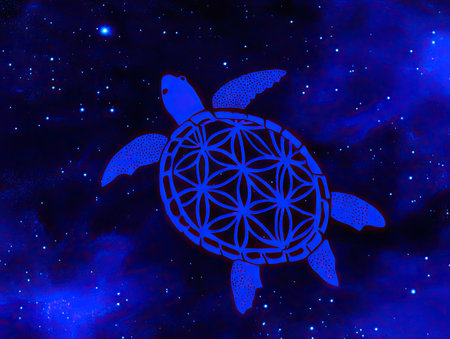 An abstract illustration shows a turtle shape with intricate floral patterns against a backdrop of a deep blue cosmos filled with stars. The image features a stylized, graphic design with a symmetrical composition, and a celestial theme, suitable for various editorial and design applications.の素材