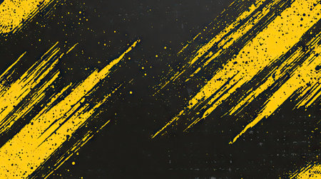 This image features abstract yellow paint strokes diagonally across a dark backdrop. The composition showcases a textured look with splattered paint effects. The artwork uses bright yellow against black, suitable for various design projects. The style suits commercial and editorial applications.の素材