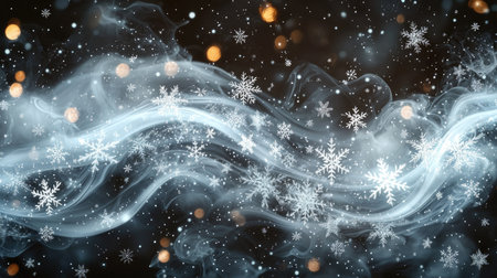 An artistic composition presents floating snowflakes amidst swirling, smoky forms on a dark backdrop. The visual style employs a soft focus, featuring highlights and bokeh effects. This abstract illustration could be used for various design projects, including seasonal themes, winter celebrations, and artistic backgrounds.の素材