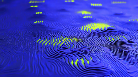 An abstract, digitally rendered illustration depicts a topographic map with blue and yellow hues. The artwork features textured, curved lines and varied shapes, suggesting terrain or data visualization. The composition, lit with overhead light, may be suitable for backgrounds, infographics, or conceptual designs.の素材