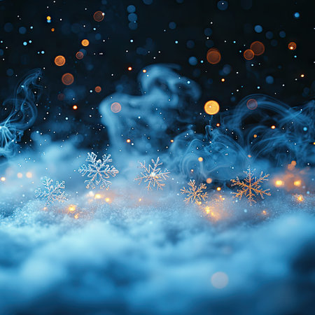 An artistic depiction presents a winter landscape with illuminated snowflakes floating within a smoky atmosphere. Soft blue and white hues blend, complemented by warm golden bokeh lights. This serene image could be suitable for various commercial purposes, including seasonal campaigns or background visuals.の素材