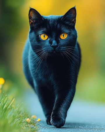 A sleek black cat is the central figure, captured in a forward motion. The image presents a vibrant contrast of dark fur and bright yellow eyes. The lighting suggests an outdoor setting, potentially a path or walkway, with a soft, blurred backdrop of greens and yellows. Suitable for various editorial and commercial applications.の素材