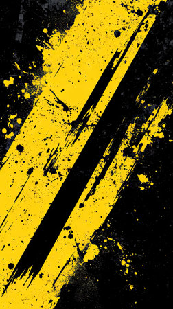 This graphic composition features bold yellow diagonal stripes against a contrasting black background. Splatter and grunge textures add visual interest. The artwork evokes a sense of movement and energy, and could be suitable for various design projects, including marketing materials and web design elements.の素材