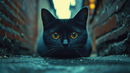 A black cat is the primary focus, positioned between weathered brick walls. The cat has striking yellow eyes, contrasting with its dark fur. The image features a cool color palette with shades of blue and gray. It suggests a mysterious or artistic mood, suitable for various editorial or commercial projects.の素材