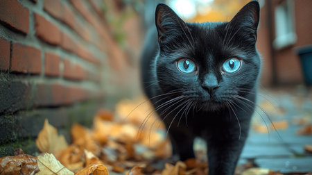 A sleek black cat with piercing blue eyes is the focal point of this image. The animal is captured outdoors, possibly in an autumn setting, with colorful fallen leaves. The composition is likely to find uses in advertising, website design, or other creative projects. The image uses natural lighting.の素材