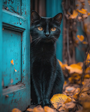 A sleek black cat stands near a teal-colored door, its golden eyes staring forward. The image is rich with texture, featuring the rough wood and soft fur. Warm autumn colors of orange and yellow foliage create a picturesque outdoor setting, possibly in a garden. This could be useful for various editorial and commercial projects.の素材