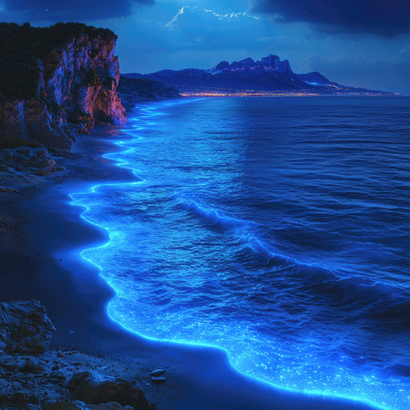 The image showcases a beach with glowing waves, illuminated by bioluminescence. The scene is set under a dark, starry night sky. The composition emphasizes the contrast between the dark surroundings and the vibrant blue glow of the water, creating a visually striking display. Suitable for various editorial and commercial applications.の素材