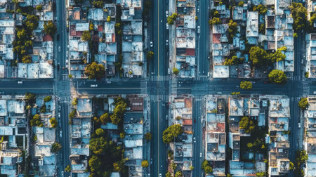 An overhead view reveals a dense urban environment featuring a network of streets and buildings. The composition shows geometric patterns, with variations in building heights and interspersed green areas. The image utilizes natural lighting and highlights the textures of the rooftops. Suitable for architectural, urban planning, or environmental illustration.の素材