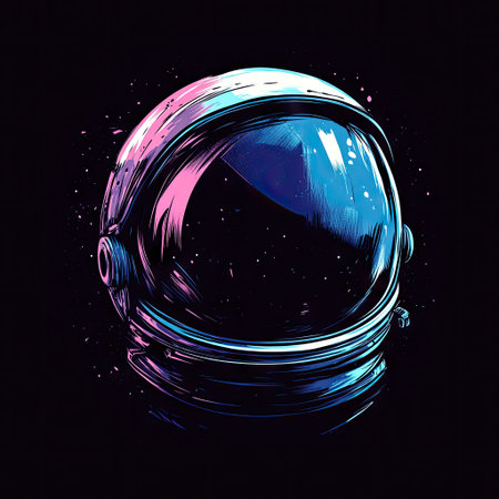 An illustration depicts an astronaut's helmet set against a dark background. The artwork utilizes vibrant blue, pink, and white tones, creating a futuristic aesthetic. The composition emphasizes the reflection of a cosmic scene. This image is suitable for various commercial purposes, including science-fiction themes.の素材