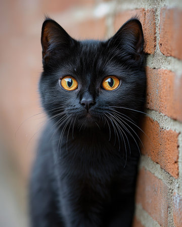 A sleek black cat with striking amber eyes is captured in a close-up, leaning against a textured brick wall. The cat's dark fur contrasts with the reddish-brown bricks. The lighting suggests an outdoor environment. This image is suitable for various commercial uses, including advertising and editorial content.の素材