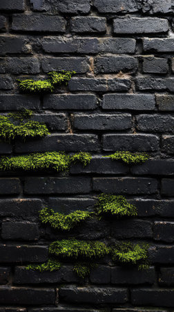 A close-up view presents a textured brick wall, its dark surface punctuated by vibrant green moss. The interplay of rough brick and soft plant life creates a visually dynamic composition. The style is detailed and natural, suitable for backgrounds or illustrating growth in an outdoor setting. The image may be used for various commercial or artistic purposes.の素材