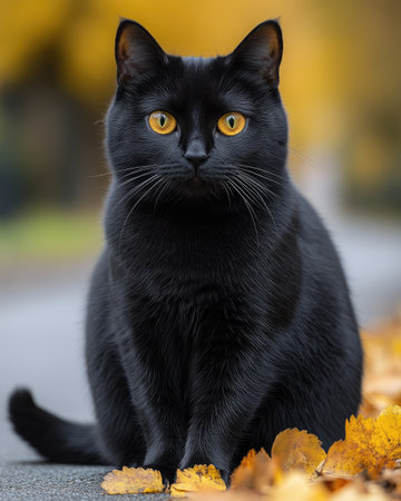 A sleek black cat is the main subject, posed outdoors on a blurred background. Its striking yellow eyes contrast with its dark fur. The image features a shallow depth of field, with soft lighting and a warm color palette. This image is suitable for various commercial uses.の素材